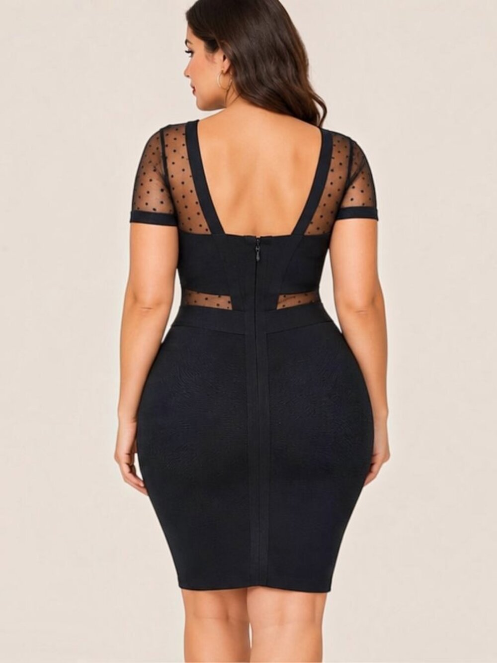Black Absorbing Polka Dot Mesh Open Back Sheer Bandeau Bandage Dress - Picture 3 of 9
